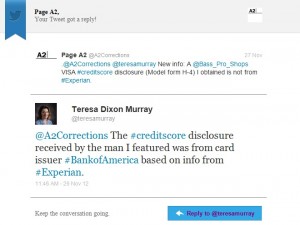 Twitter message:  848 credit score disclosure was from Bank of America